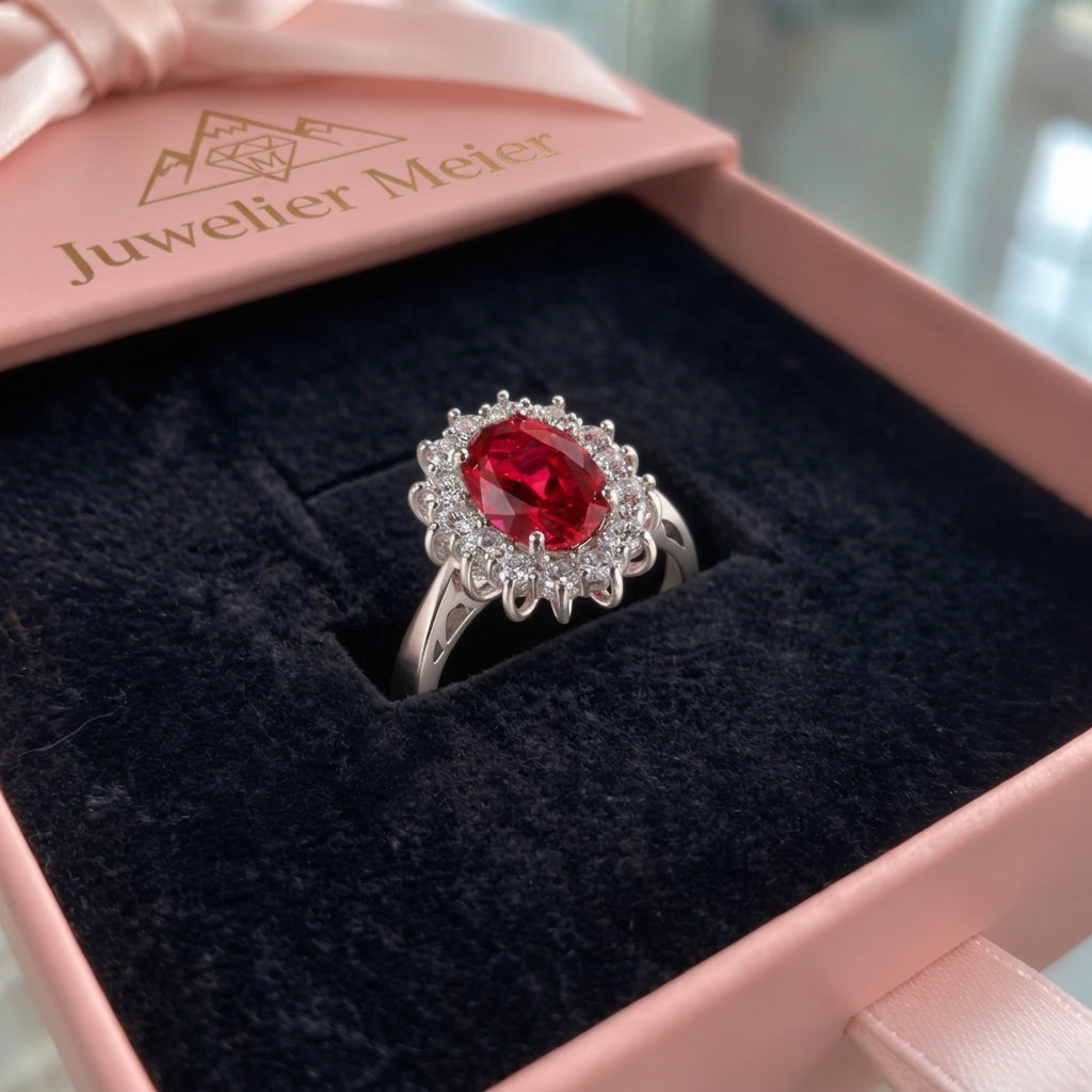 Klassischer Ring mit Rubin und Weissgold-Rand