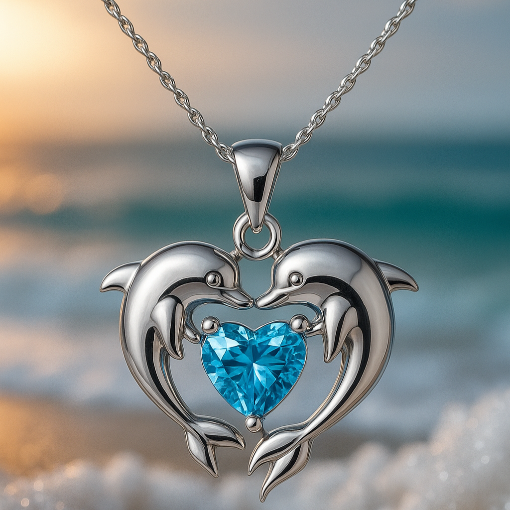 Doppelte Halskette in Weissgold mit Delfinen der Liebe