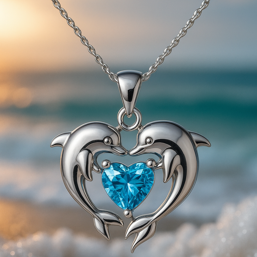 Doppelte Halskette in Weissgold mit Delfinen der Liebe