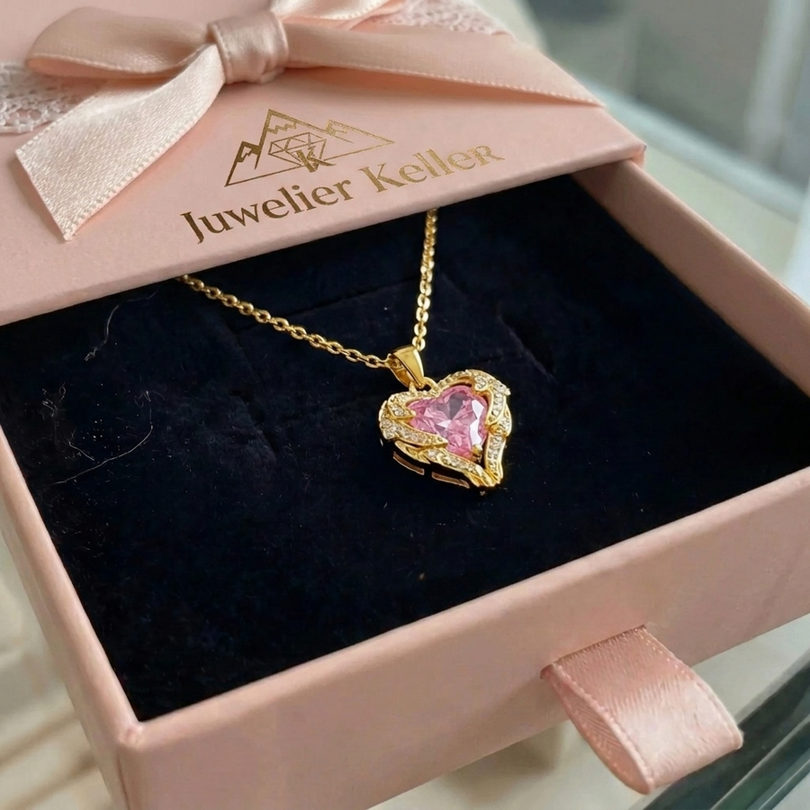 Engelsumarmung Herzkette in Rosa | Gold