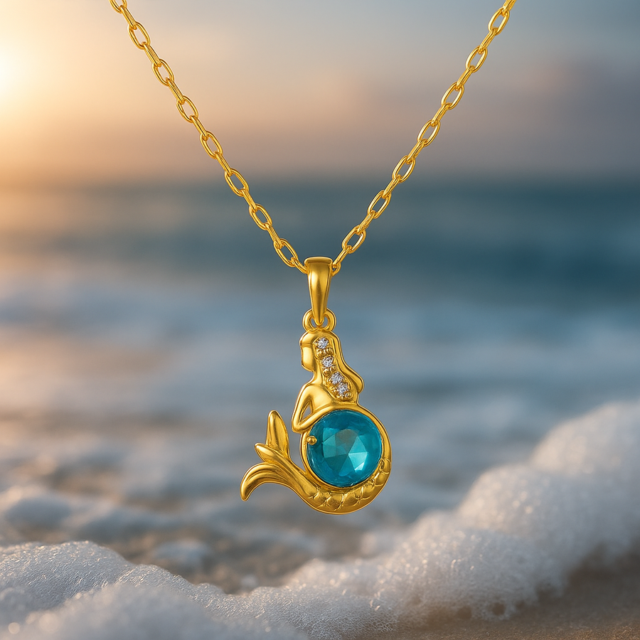 Goldene Meerjungfrauen-Halskette mit blauem Kristall