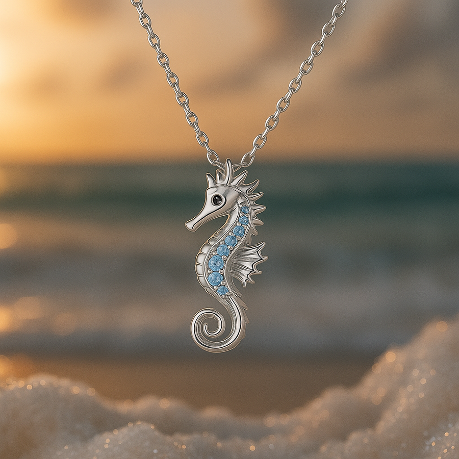 Halskette in Weissgold mit Seepferdchen und Opal