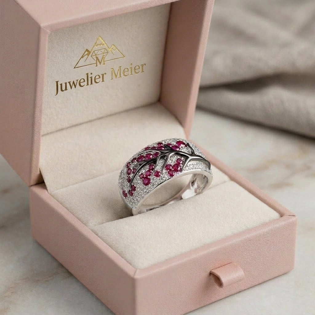 Ring mit Rubin und Blumen | Weissgold