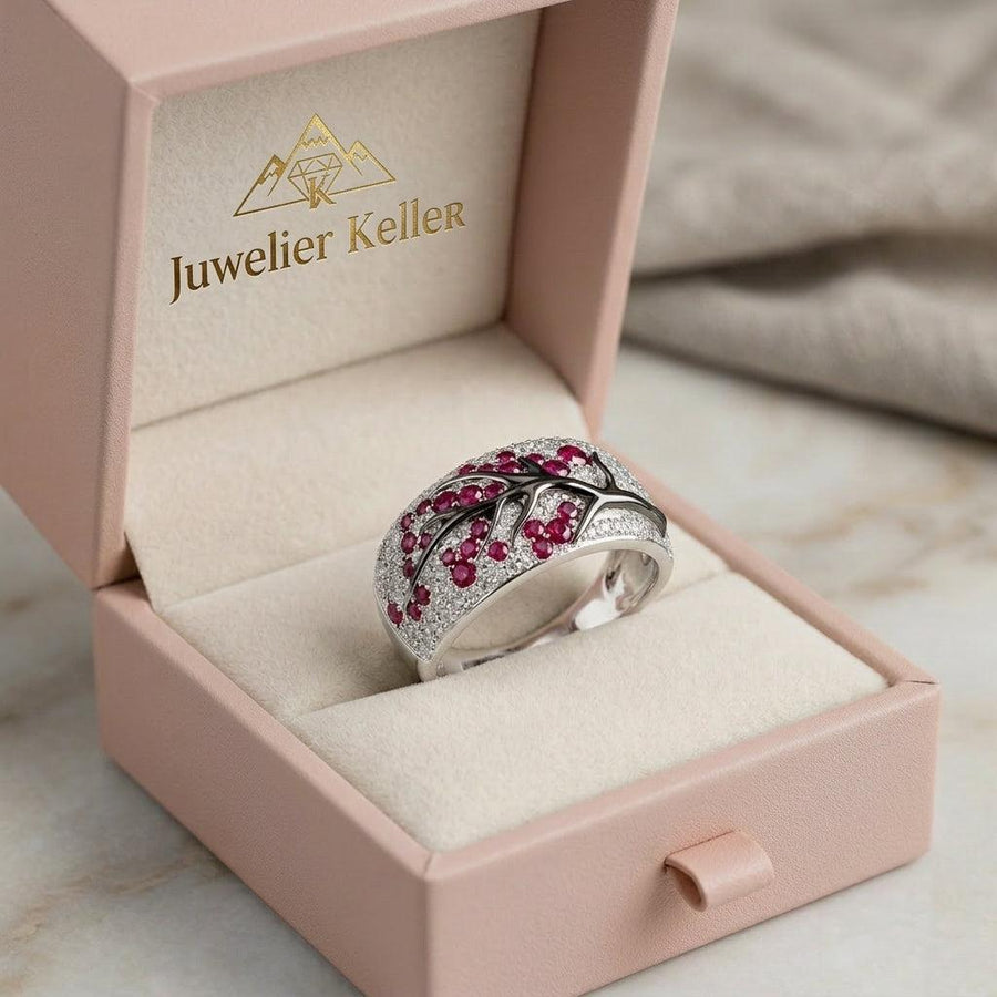 Ring mit Rubin und Blumen | Weissgold