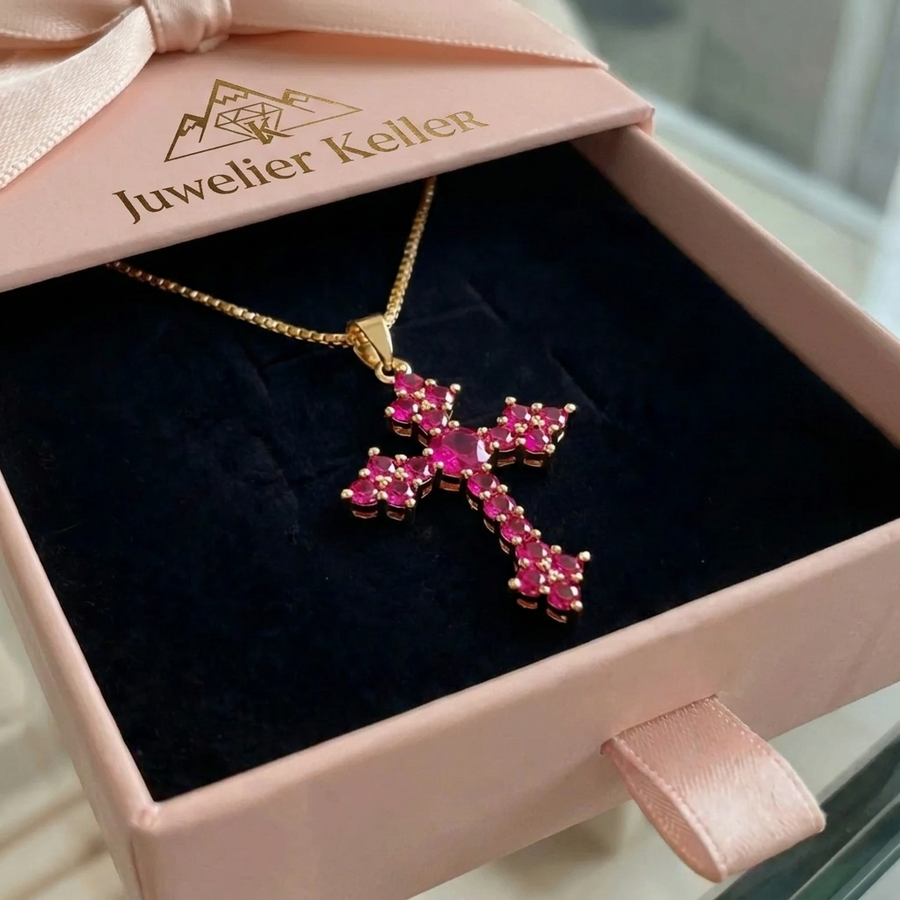 Rosa Cluster-Kreuz-Halskette | Gold