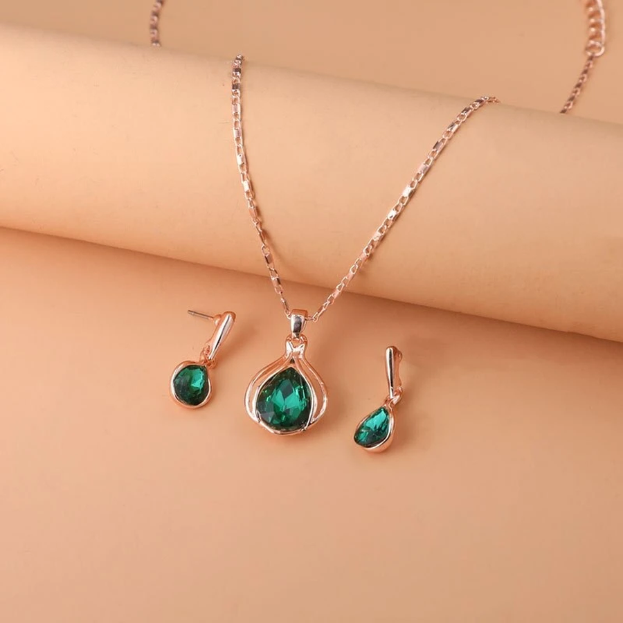 Set aus Halskette & Ohrringen aus grünem Kristall und Gold