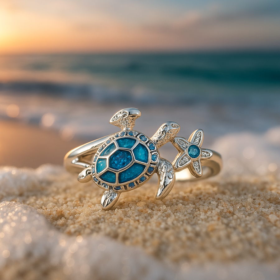 Weissgoldring mit Schildkröte und blauem Opal
