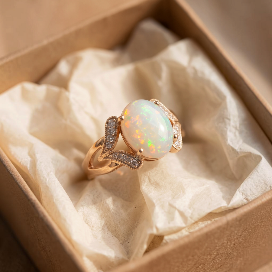 Vintage-Goldring mit grossem weissem Opal