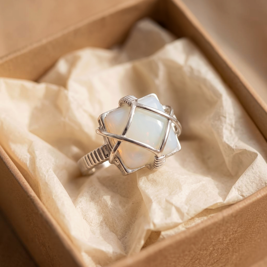 Weissgoldring mit weissem Opal in Drahtfassung