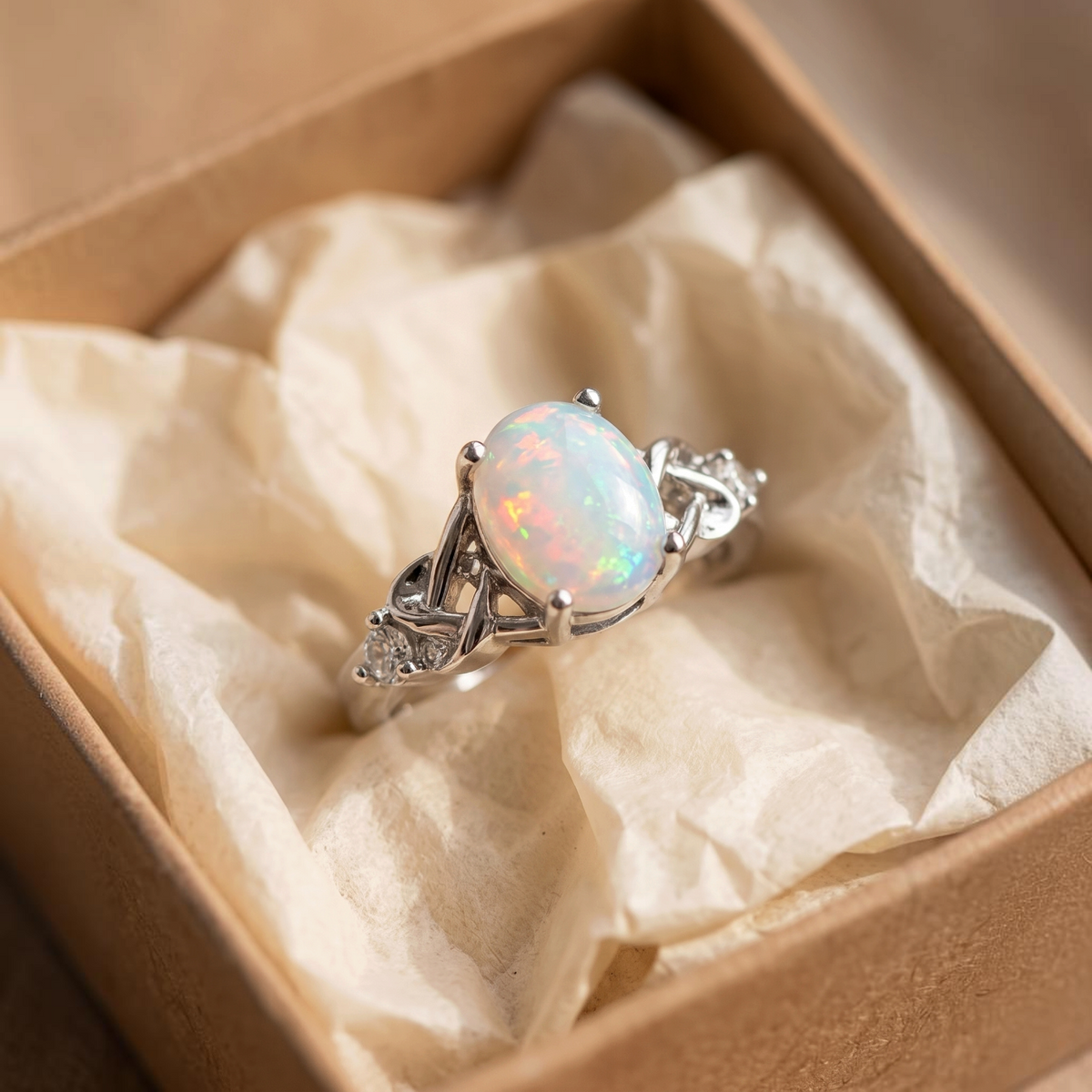 Weissgoldring mit weissem Opal und keltischen Knoten