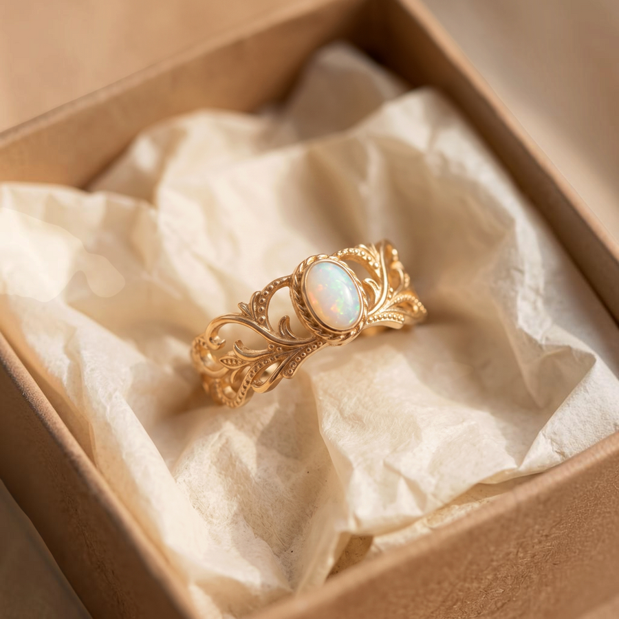 Verstellbarer Goldring mit weissem Opal und Blattranken