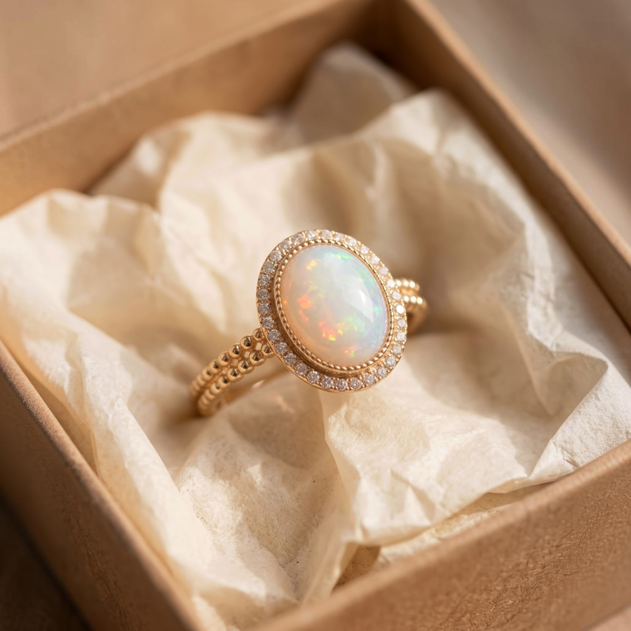 Goldring mit weissem Opal im Brillantkranz