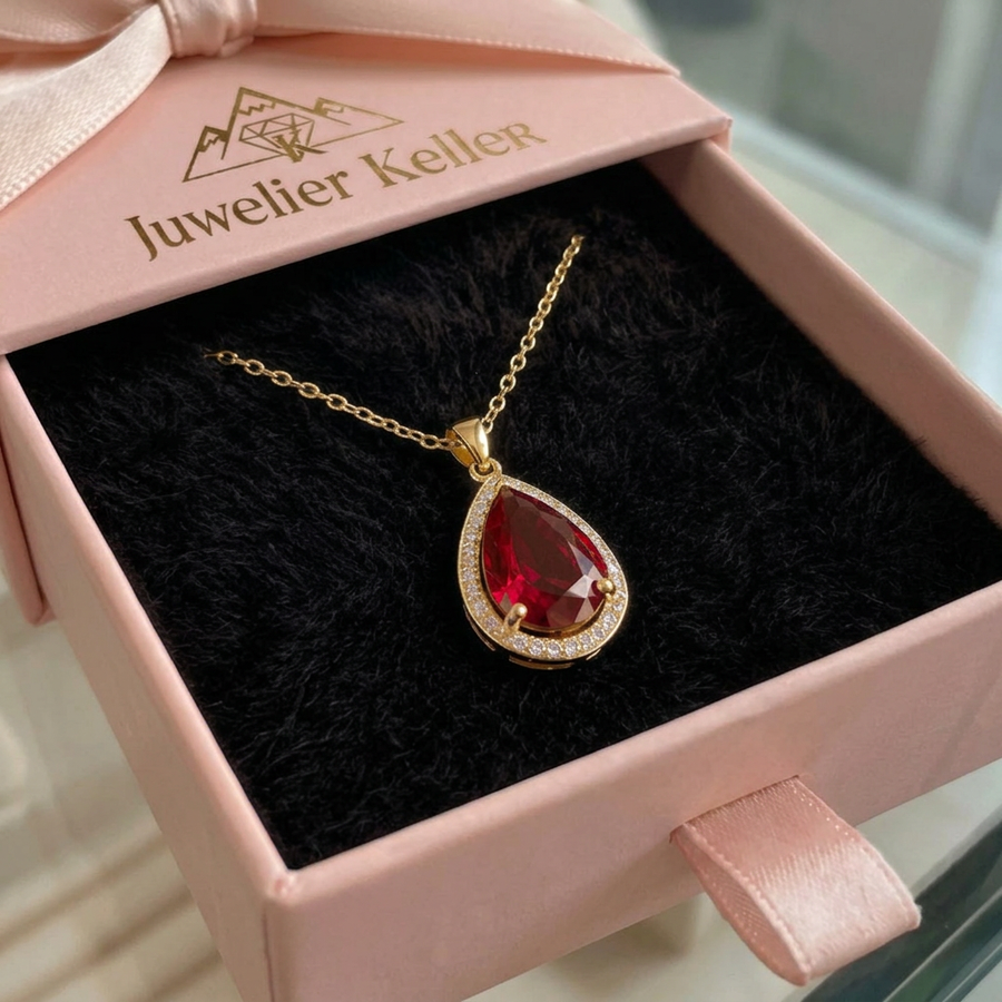 Rubin-Tränenanhänger-Halskette | Gold