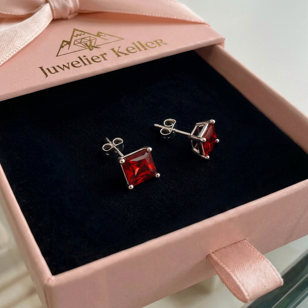 Minimalistische Prinzessschliff Rubin Ohrstecker | Weissgold